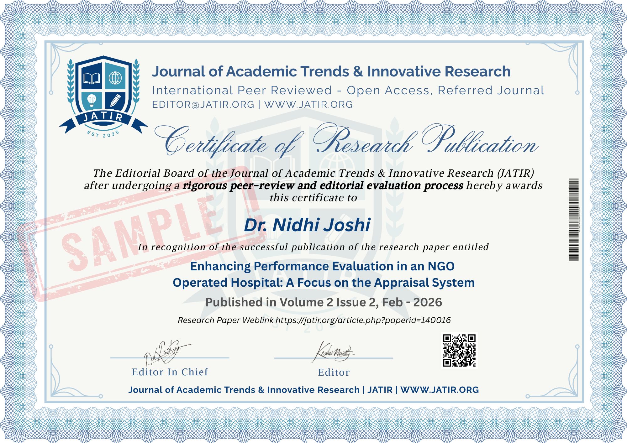 JATIR Sample Certificate